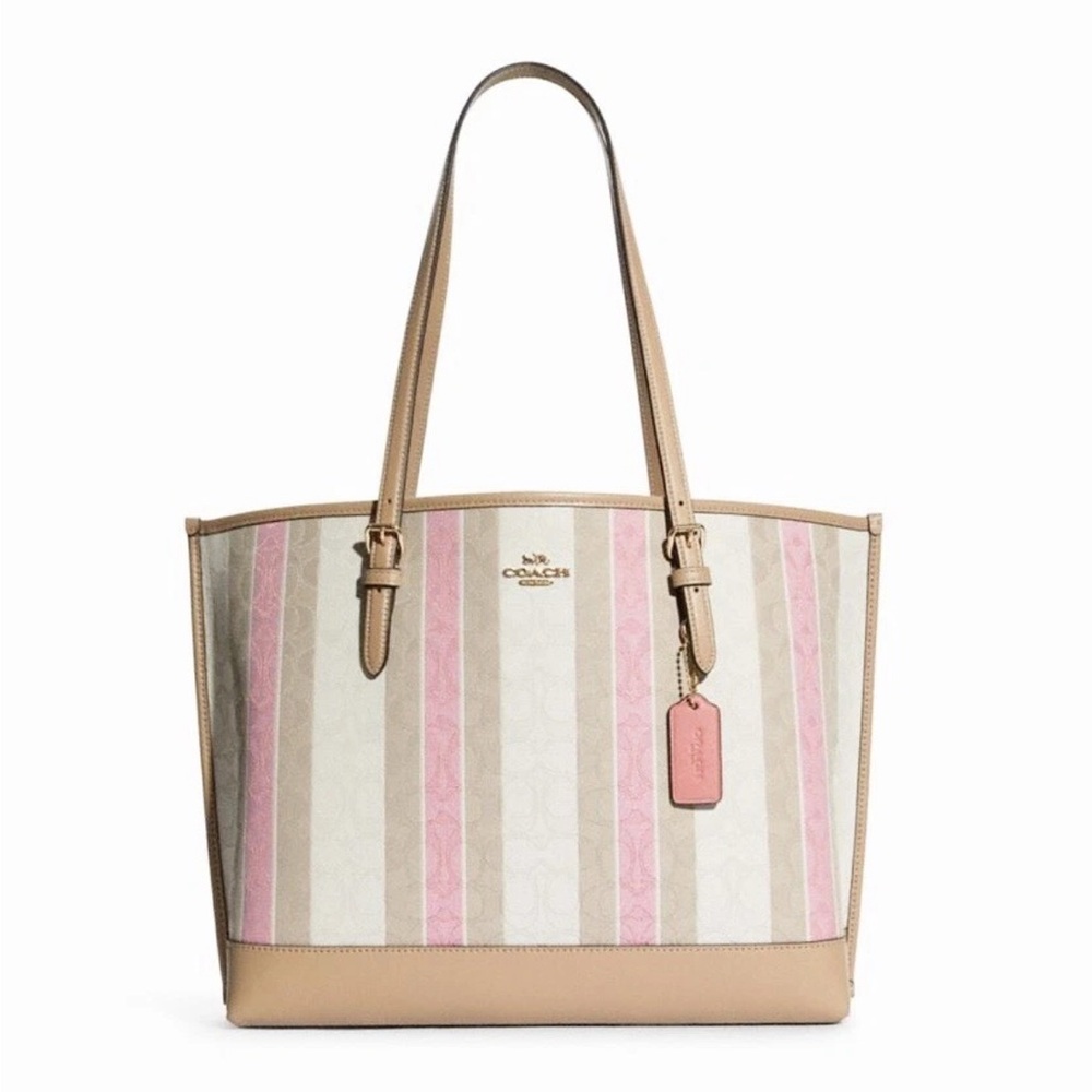 Coach Striped Pink & Beige Tote with Leather Trim